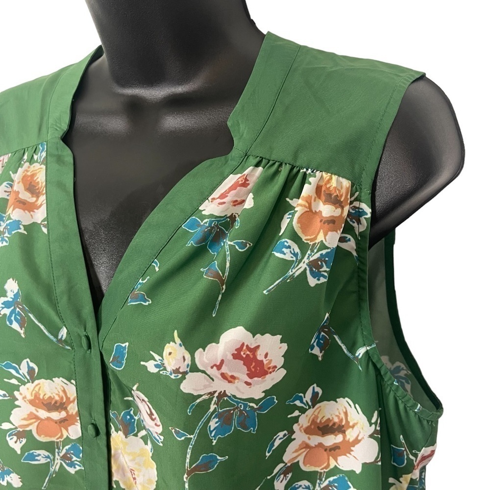 Euc ModCloth sleeveless top, floral, retro, green, size Large - Picture 2 of 12